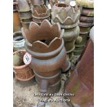 *A PAIR OF SALT GLAZED SPOUTED AND CROWN TOP CHIMNEY POTS, 95CM (H)