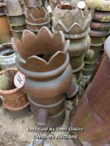 *A PAIR OF SALT GLAZED SPOUTED AND CROWN TOP CHIMNEY POTS, 95CM (H)