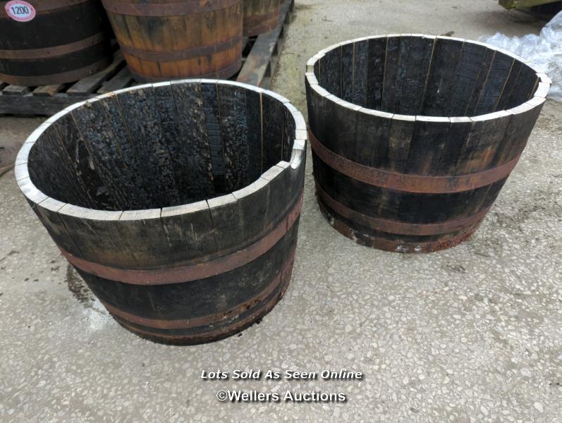 *X2 OAK HALF WHISKY BARRELS, EACH APPROX 64CM (DIA) X 45CM (H), IDEAL GARDEN PLANTERS