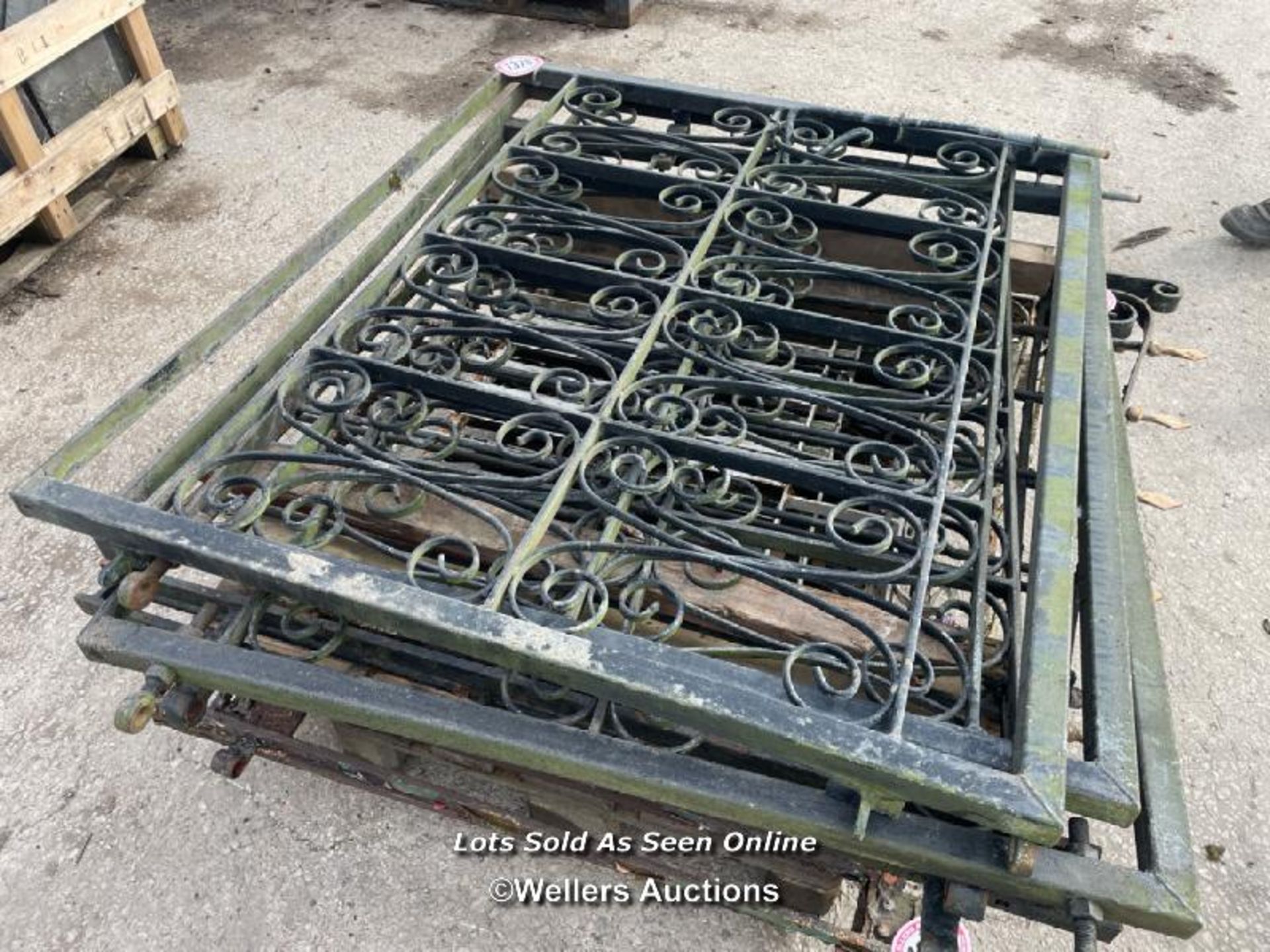 *A PAIR OF WROUGHT IRON GATES WITH ONE EXTRA GATE, 110CM (H) X 141CM (W) EACH - Image 2 of 3