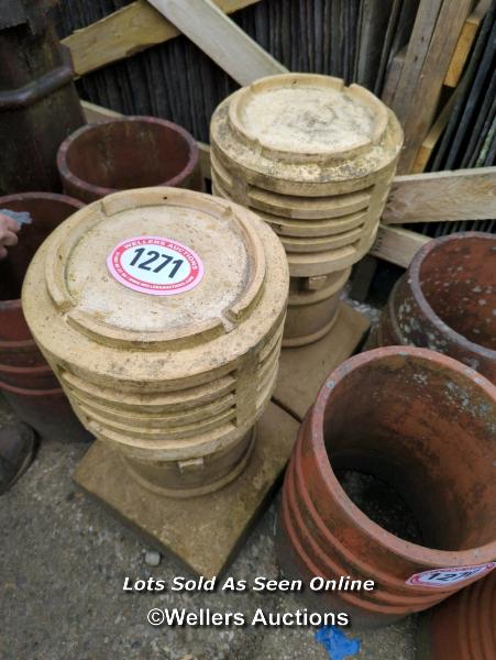 *A A PAIR OF YELLOW VENTED CHIMNEY POTS, 65CM (H)