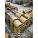 *APPROX X45 YELLOW HALF ROUND RIDGE TILES AND APPROX X40 ANGLED RED RIDGE ROOF TILES, 48CM (L)