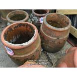 *A A PAIR OF GRETIAN STYLE TERRACOTTA CHIMNEY POTS, 38CM (H)