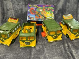 Four Playmates Teenage Mutant Hero Turtles Party Wagon toys, all incomplete and playworn with one