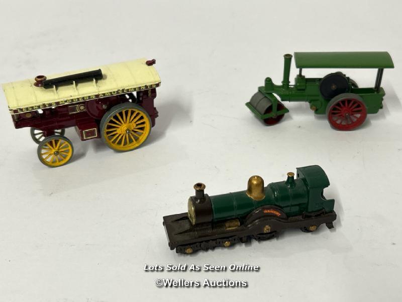 Three Matchbox steam engines and locomotive including Fowler Showman's Engine no.9, Aveling and