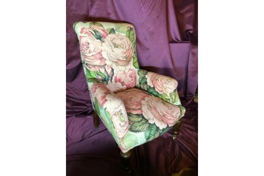 c.1900 scroll back arm chair in flamboyant floral upholstery, on oak turned and fluted legs, 93cm ( - Image 1 of 5