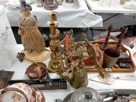 WOODEN TRAY, BRASS CANDLESTICK