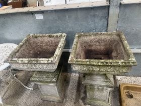 PAIR OF CONCRETE SQUARE PLANTERS ON PEDE