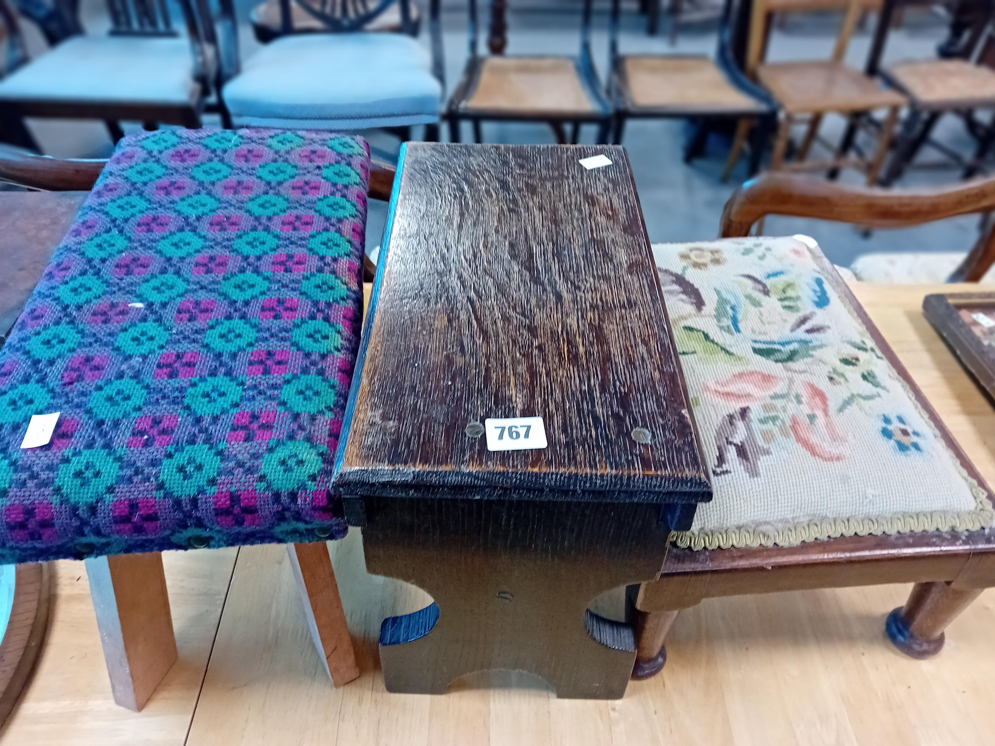 OAK STOOL & 2 TAPESTRY STOOLS