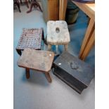 2 VICTORIAN RUSTIC STOOLS & RUSTIC BOX & OTHER STOOL