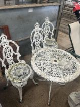 PAINTED METAL GARDEN TABLE & 3 CHAIRS