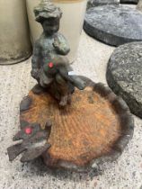 CAST IRON BIRD BATH, CHERUB & BIRD