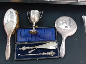 SILVER BILLIARD TROPHY, MIRROR & BRUSH