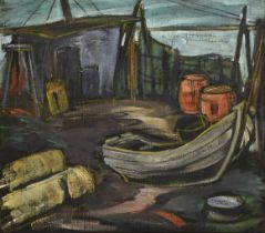 Maler um 1950/60: Boot und Schuppen am Ufer.