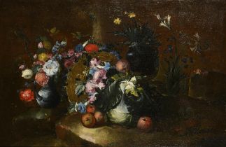 GUARDI, Francesco (1712 Venedig - 1793 ebd.). "Blumenstillleben mit Flechtkorb, Vogel, Früchten...