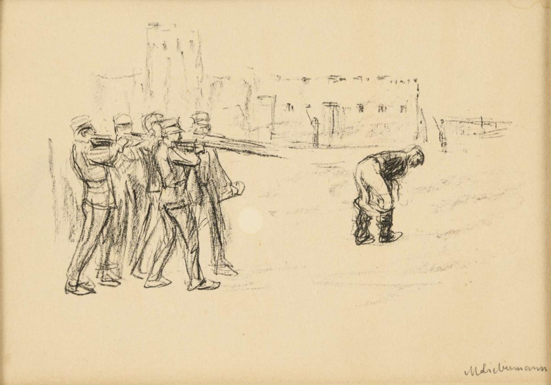 LIEBERMANN, Max (1847 Berlin - 1935 Berlin). Soldaten beim Schießen auf einen nackten Po. - Bild 2 aus 3