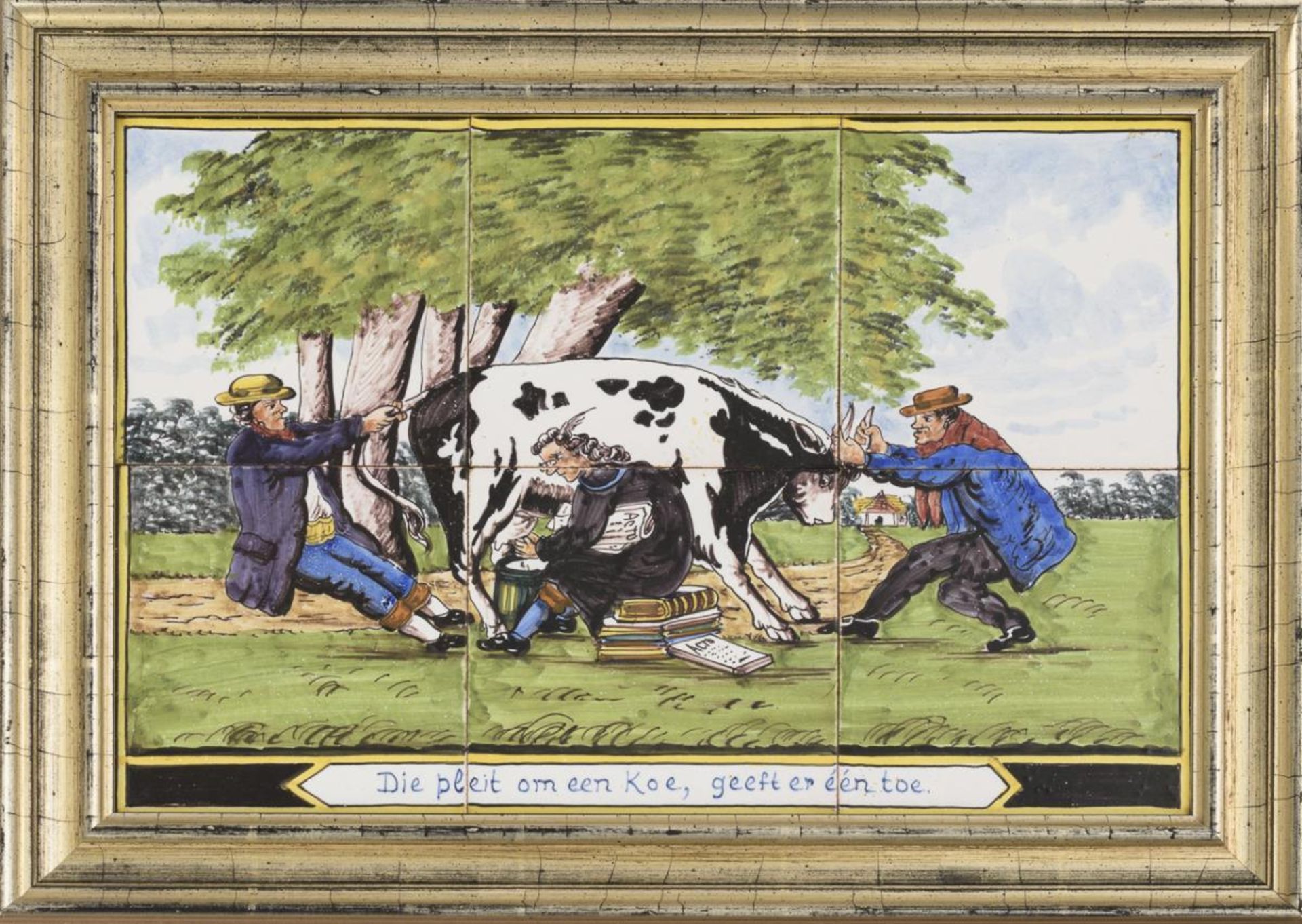 Delfter Fayence-Fliesenbild mit Karikatur streitender Bauern.