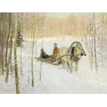 Russischer Künstler: Pferdeschlitten im Winter.