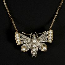 Antikes Collier "Schmetterling" mit Altschliff-Diamanten und Perlchen.