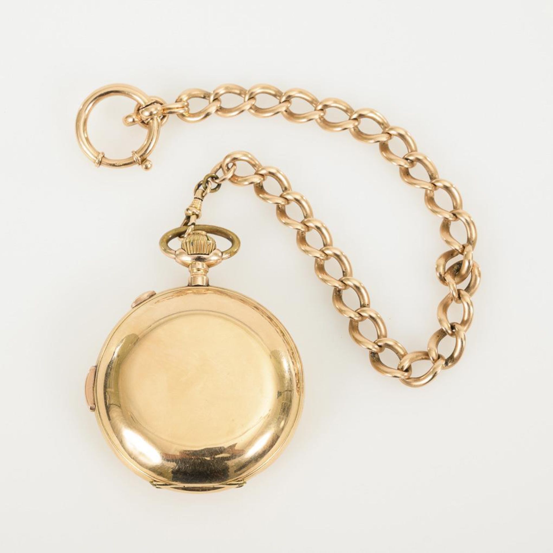 Goldene Savonnette mit Minutenrepetition und Chronograph an goldener Uhrenkette. - Image 2 of 5