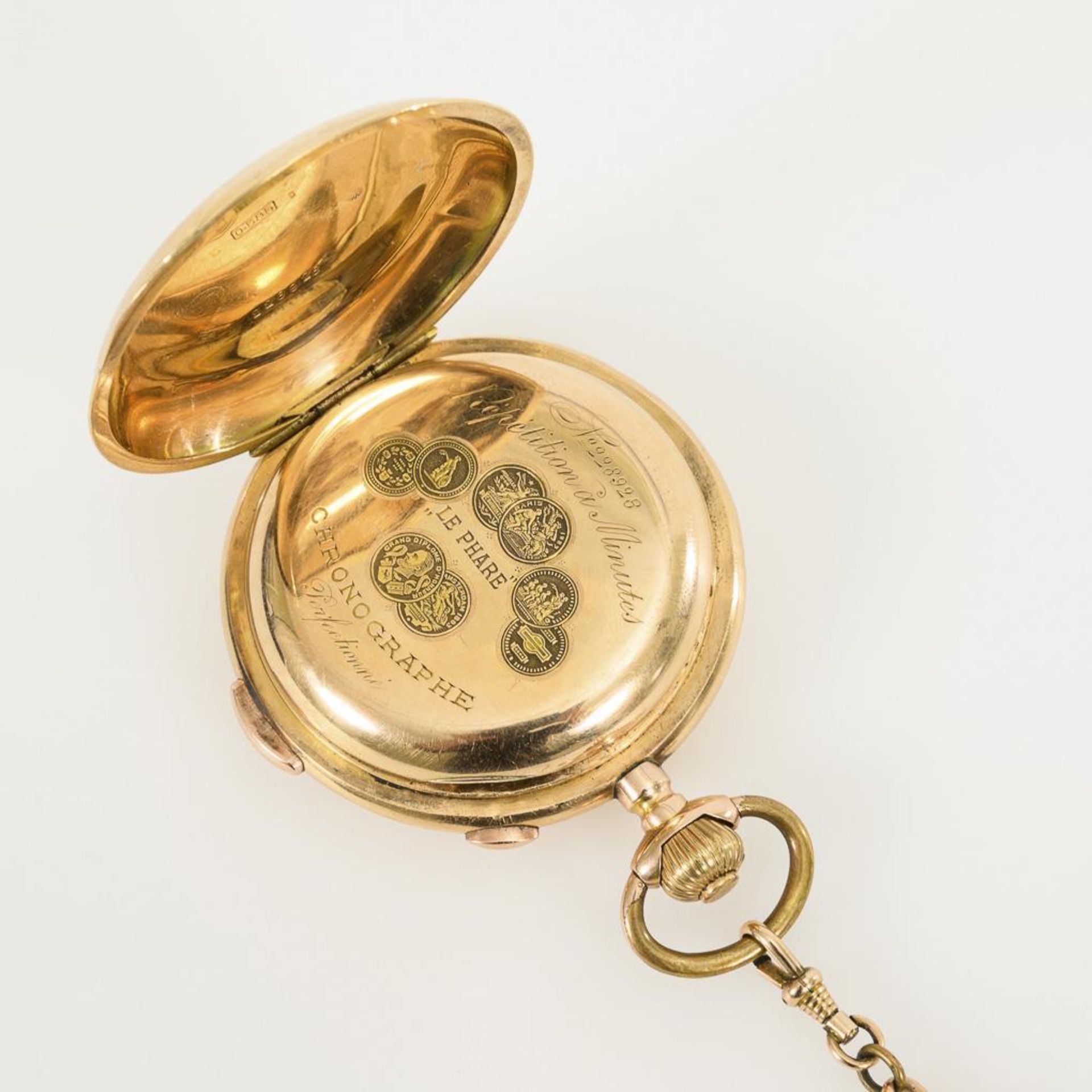 Goldene Savonnette mit Minutenrepetition und Chronograph an goldener Uhrenkette. - Image 4 of 5