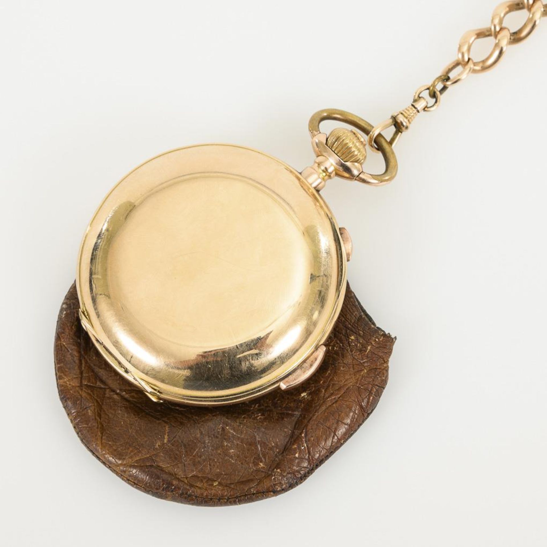 Goldene Savonnette mit Minutenrepetition und Chronograph an goldener Uhrenkette. - Image 3 of 5