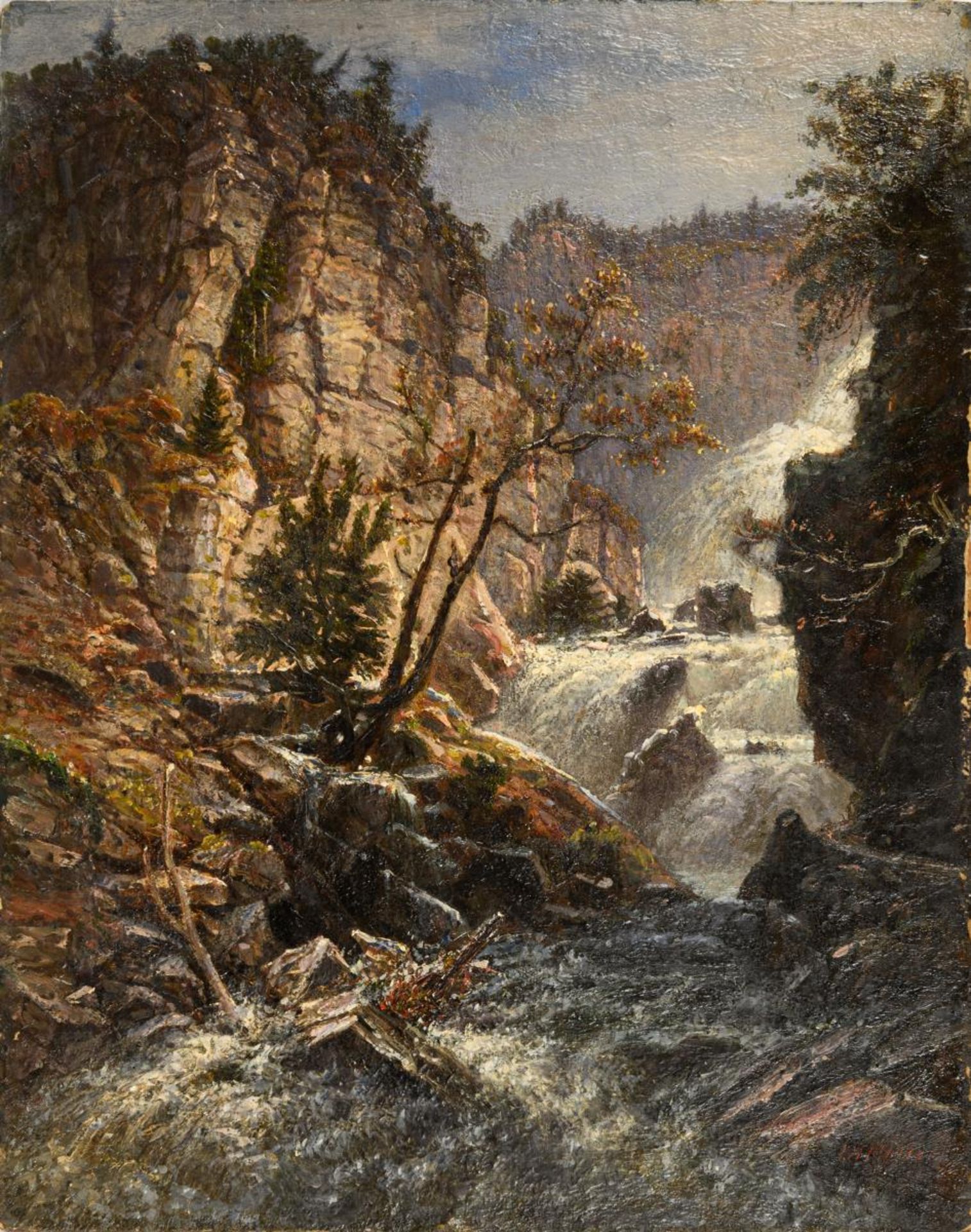 MÖLLER, Jörgen Henrik (1822 Randers/DänemarkK - 1884 b. Trollhättan/Schweden). "Wasserfall im Lin...