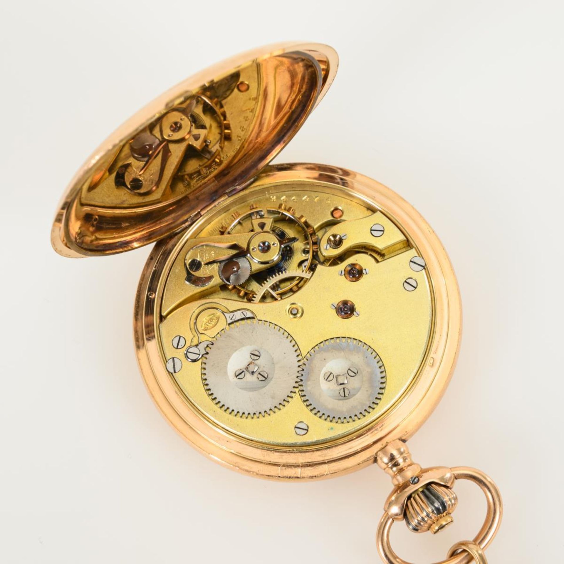 Goldene Savonnette an vergoldeter Uhrenkette.. IWC. - Bild 5 aus 5