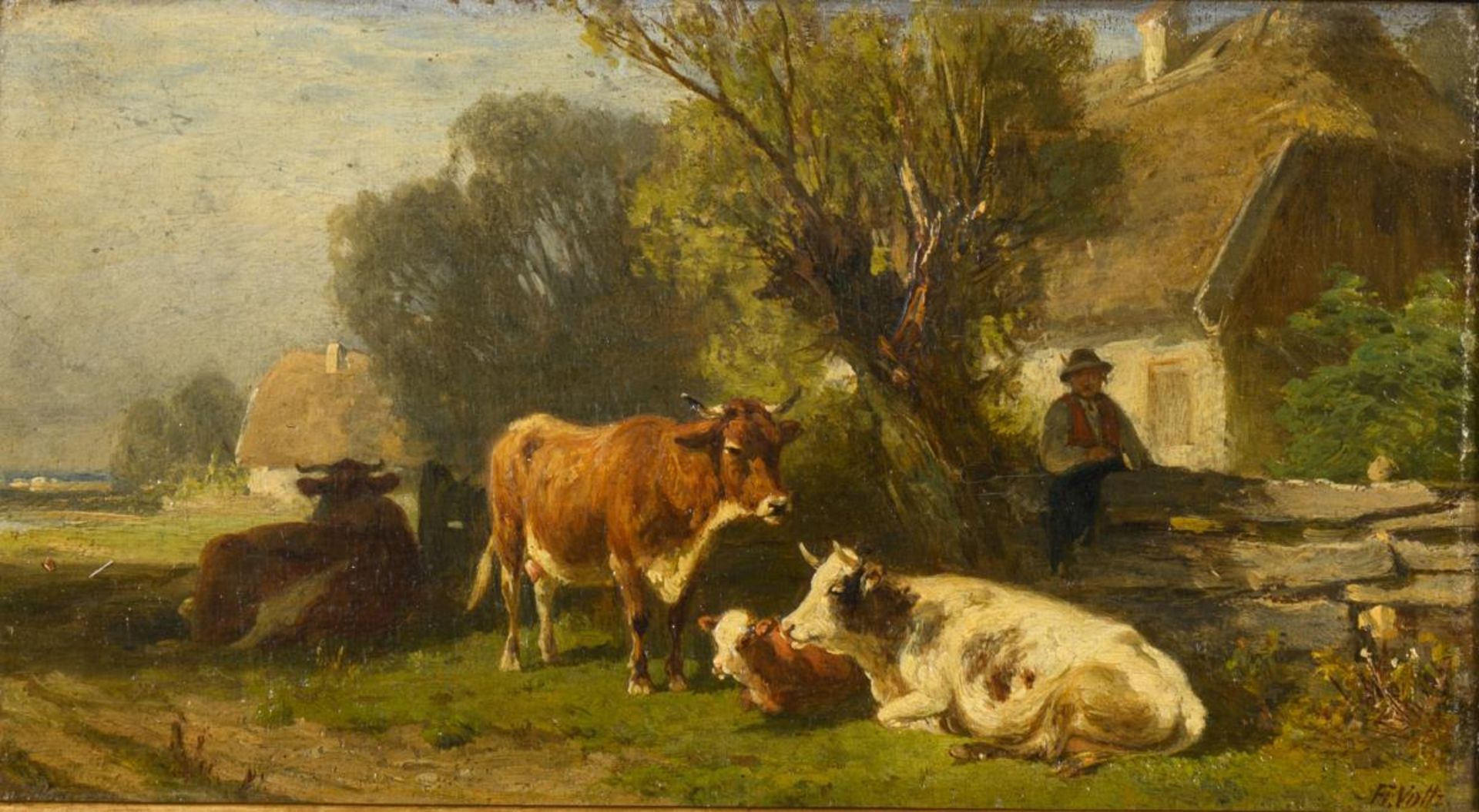 VOLTZ, Friedrich (1817 Nördlingen – 1886 München). Rinder vor Bauerngehöft.