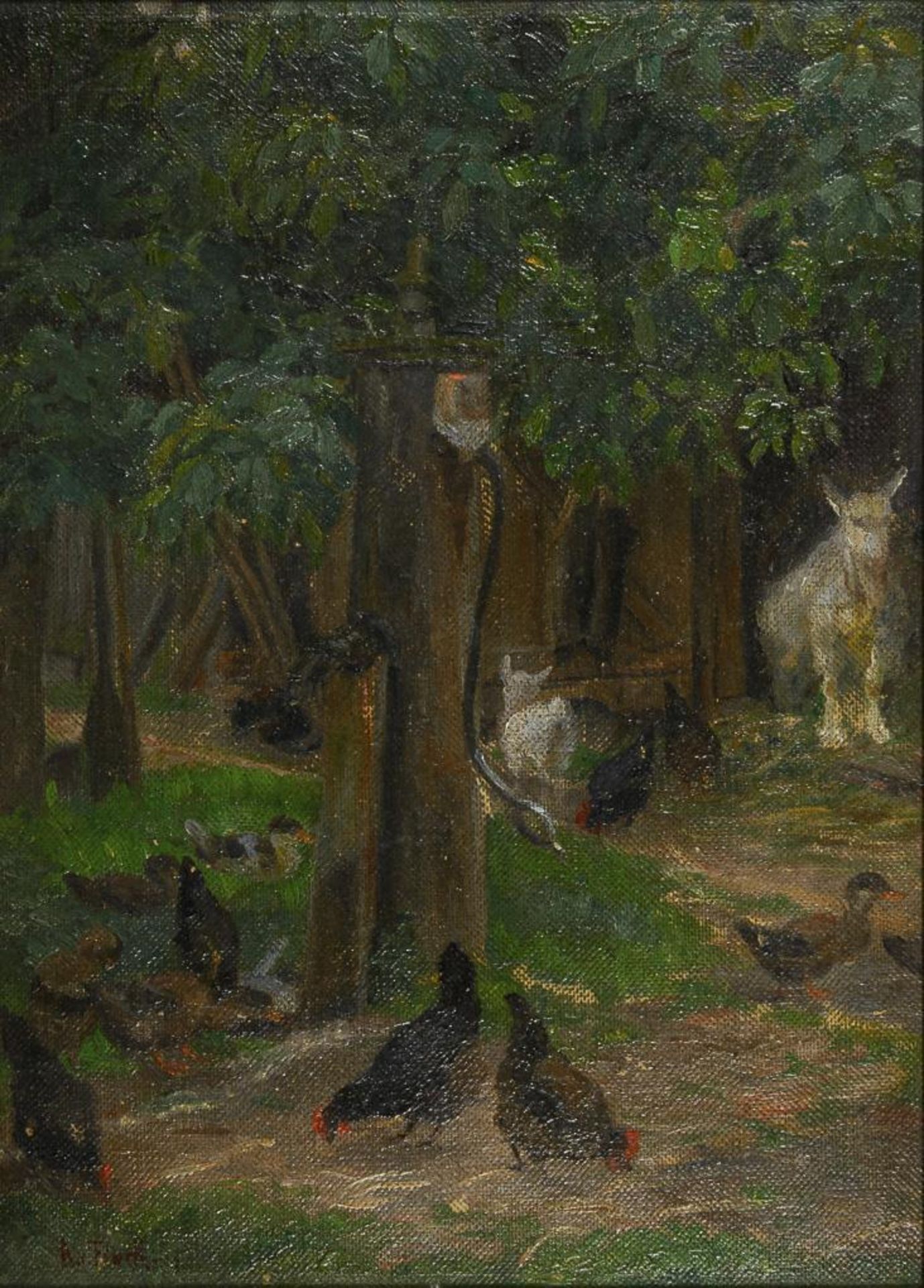FINCK, Adele von  (1879 Buenos Aires - 1943 Berlin). Bauernhof mit Hühnern und Ziegen.