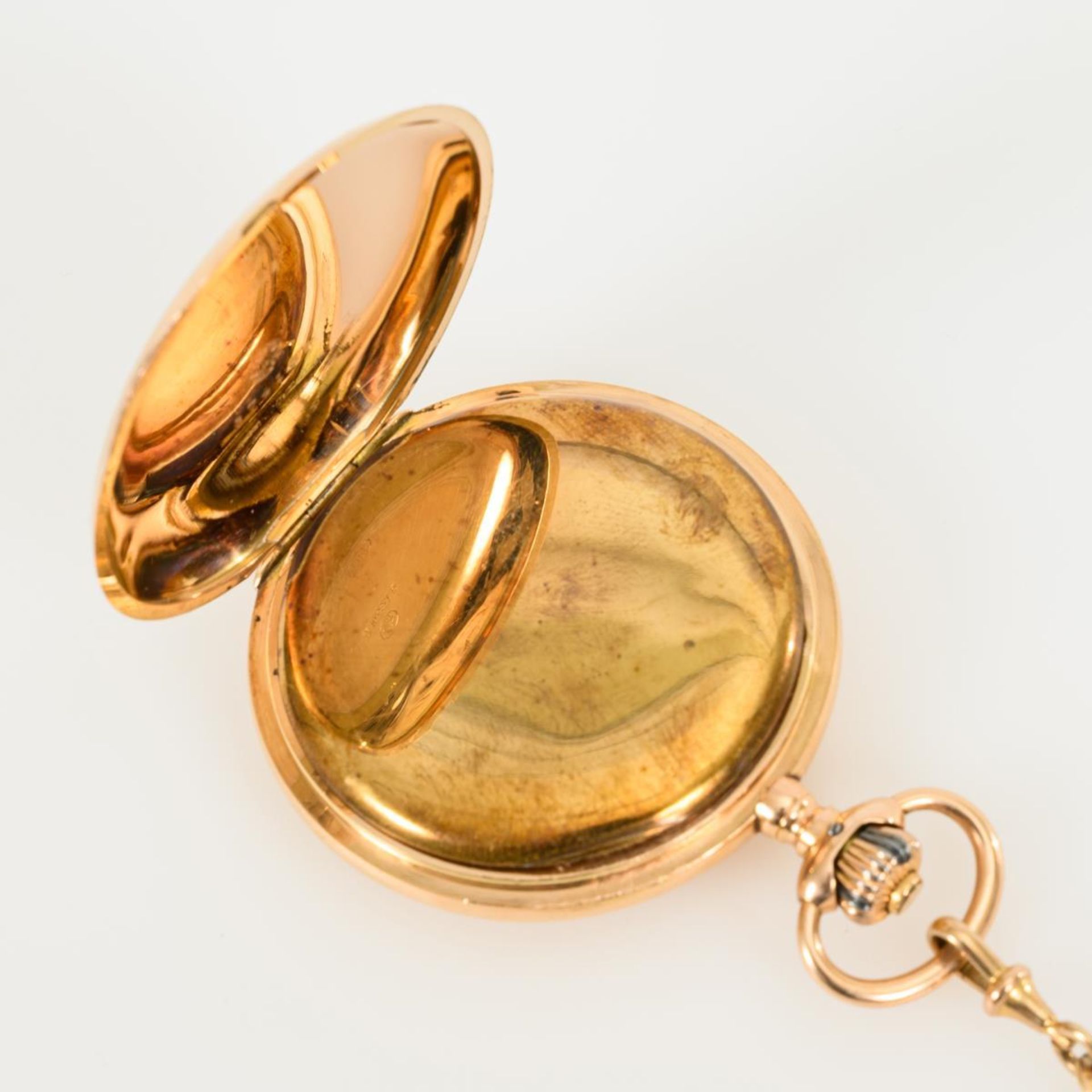 Goldene Savonnette an vergoldeter Uhrenkette.. IWC. - Bild 4 aus 5
