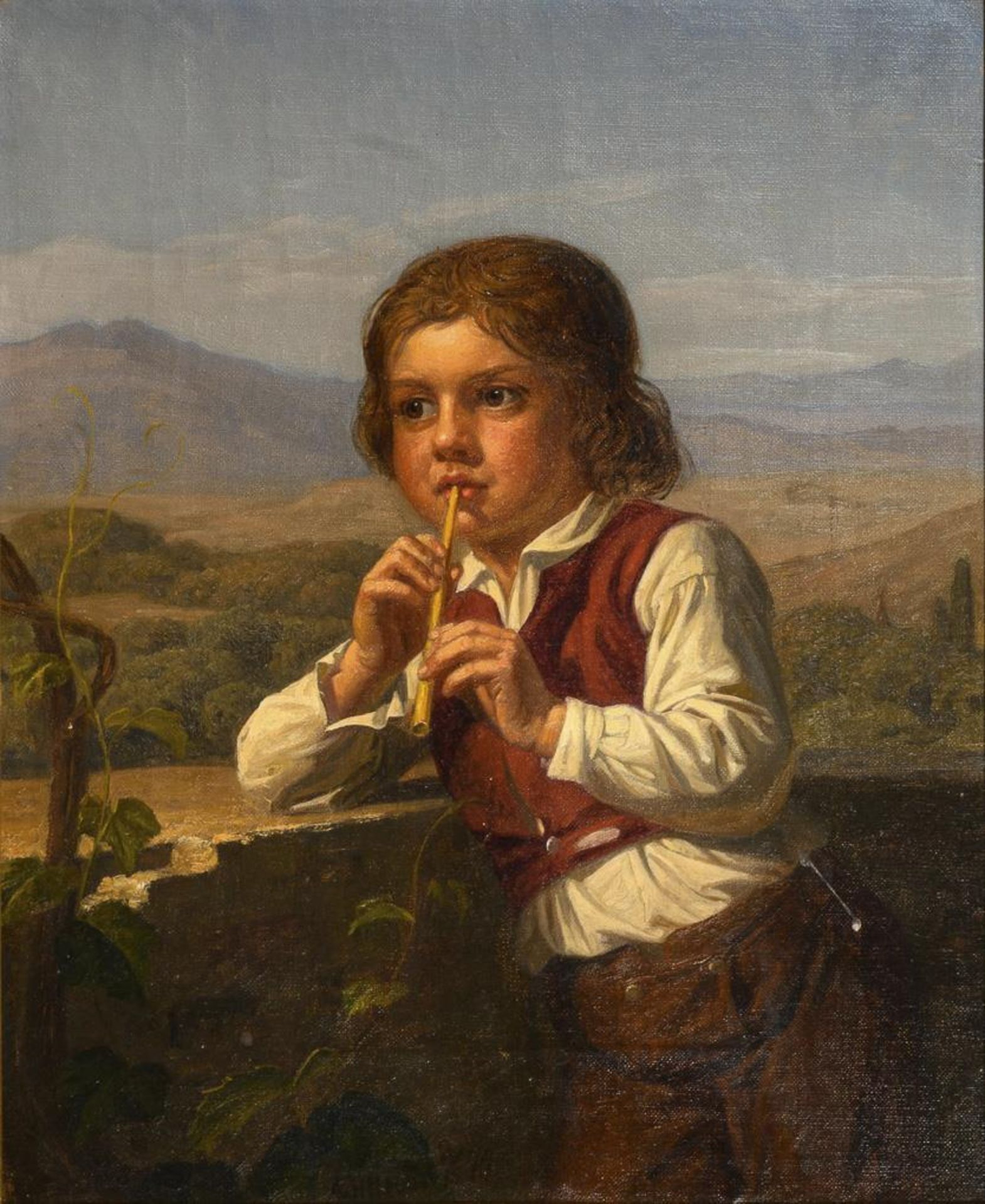 SCHIØTT, August  (1823 Helsingør - 1895 Hellebaek). Flöte spielender Knabe in südländischer Lands...
