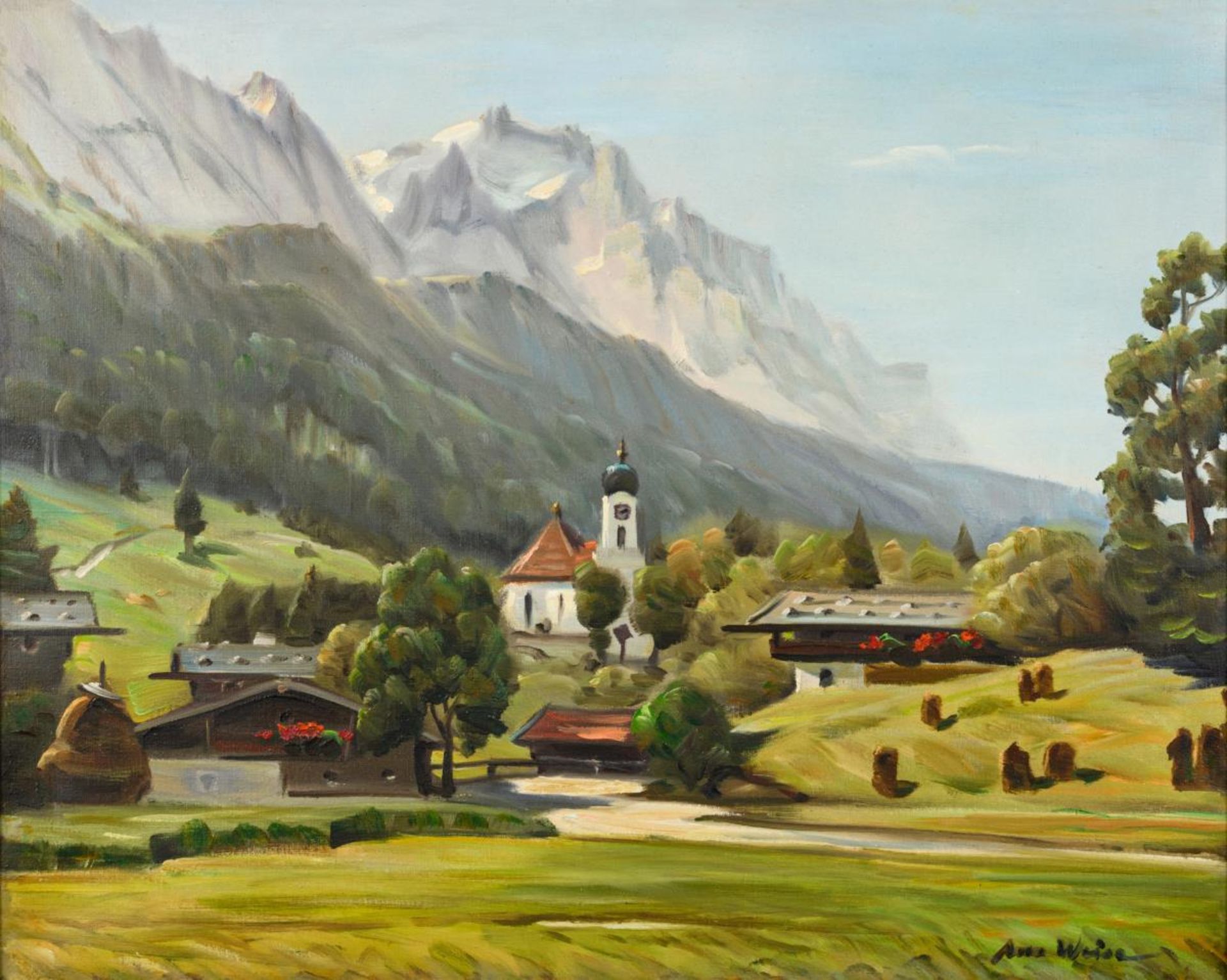 WEISE, Anso (1895 Ilmenau - 1986 Ohlstadt). "Grainau mit Zugspitze".