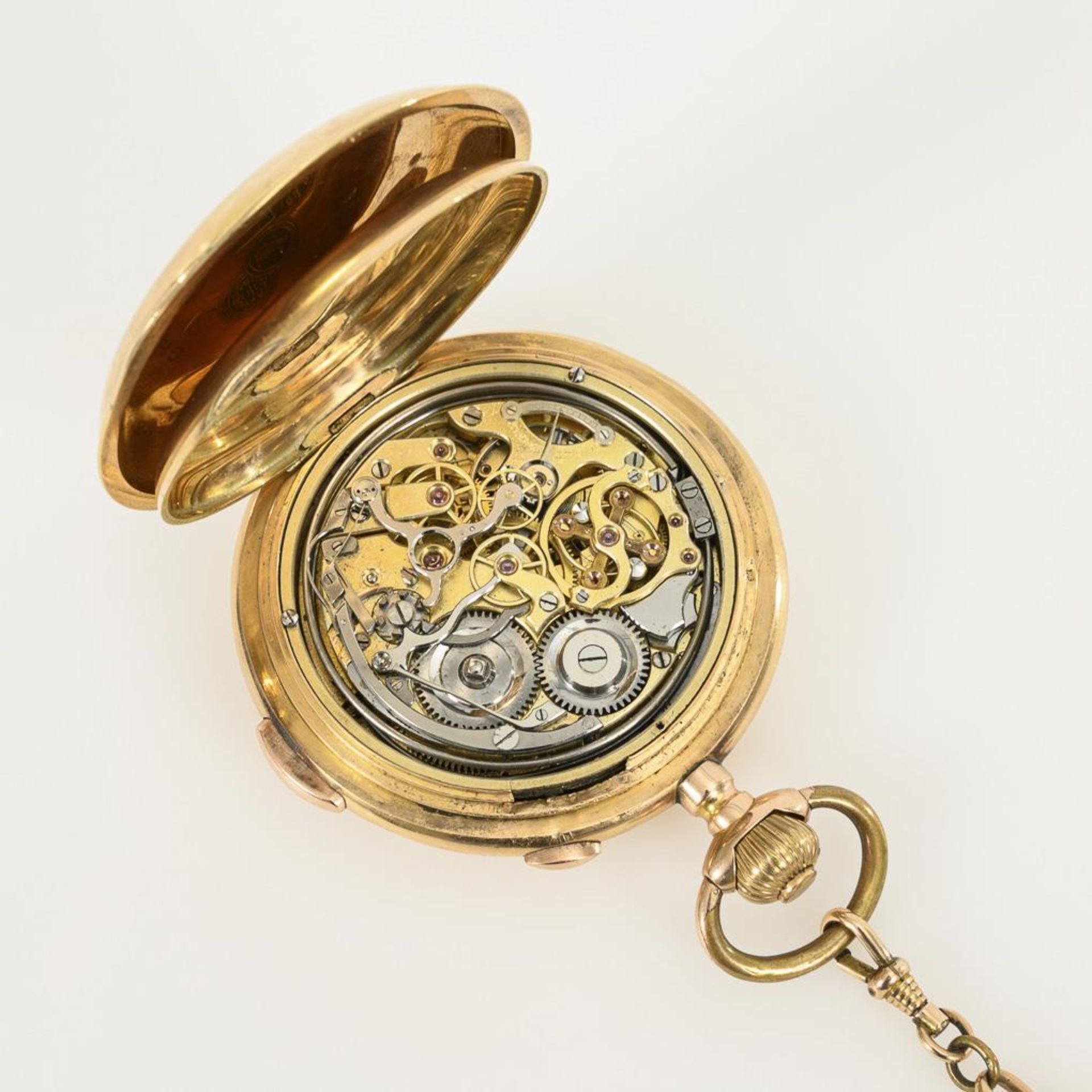 Goldene Savonnette mit Minutenrepetition und Chronograph an goldener Uhrenkette. - Image 5 of 5