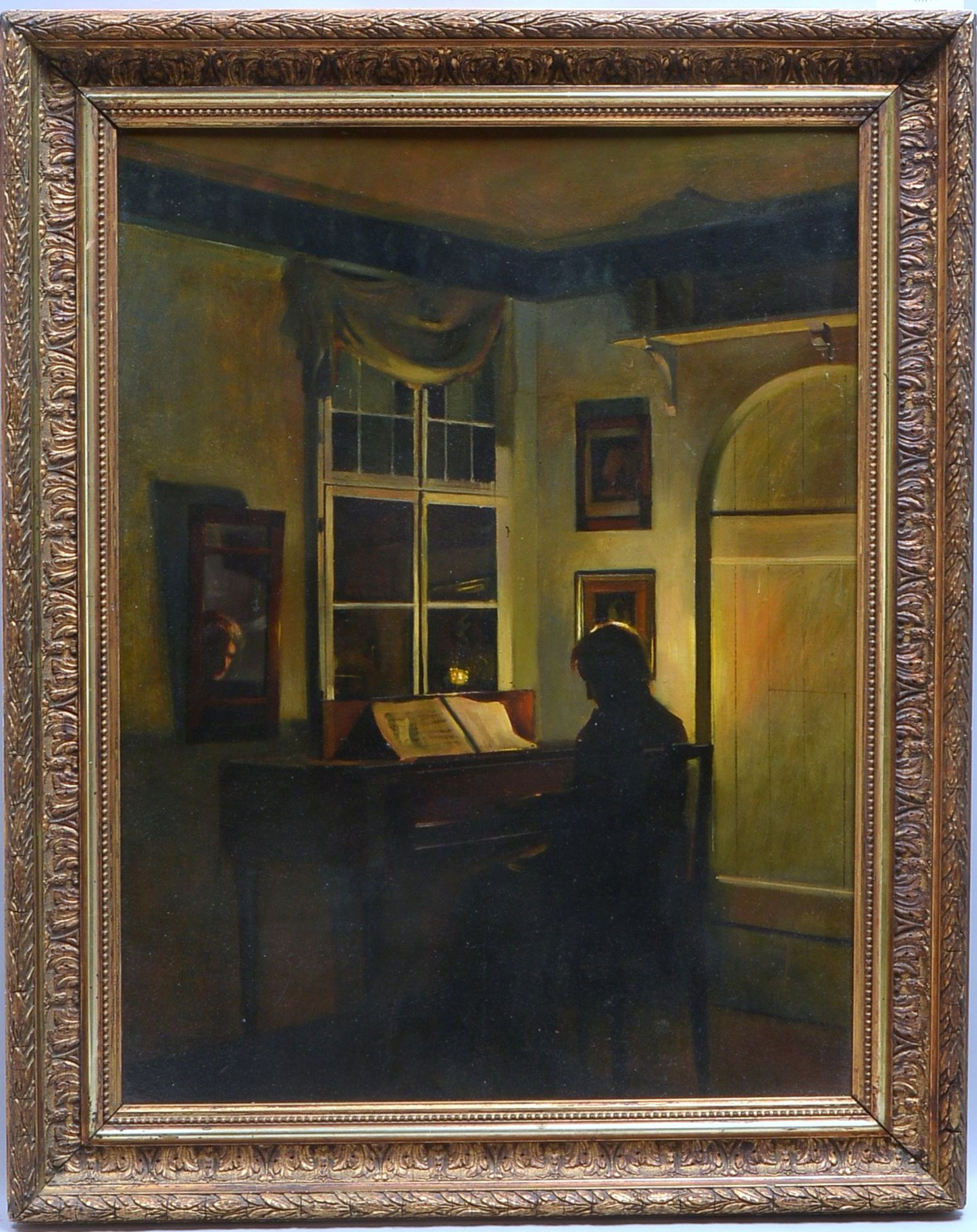 Gemälde, 'Mann am Klavier', Öl auf Malkarton/gerahmt, unsigniert