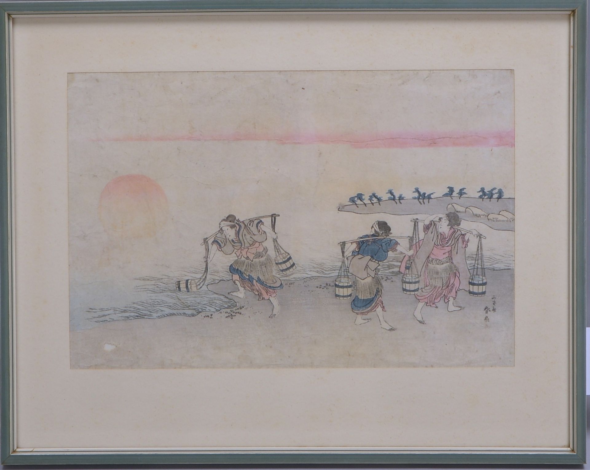 Hokusai, (-?), 'Wasserträgerinnen am Küstenufer', Farbholzschnitt, unten re. sign., hinter Glas