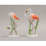 Rosenthal, 2 Porz.-Figuren, &#039;Flamingos&#039;, Entw. Fritz Heidenreich; H&ouml;he 12 cm/14 cm