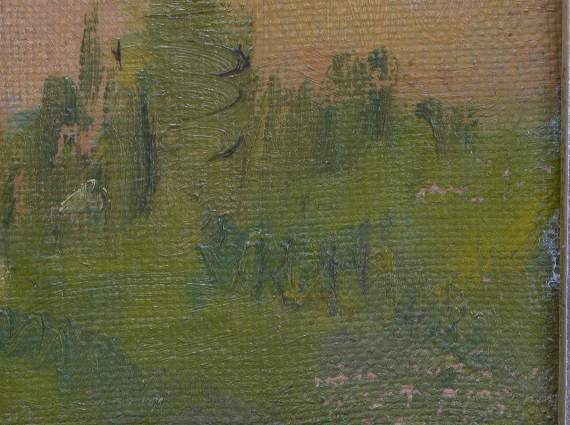 Gemälde, 'Kornhocken vor Farbrikanlage', Öl/Lw, unsign.; Bildmaße 65 x 92 cm - Bild 2 aus 2