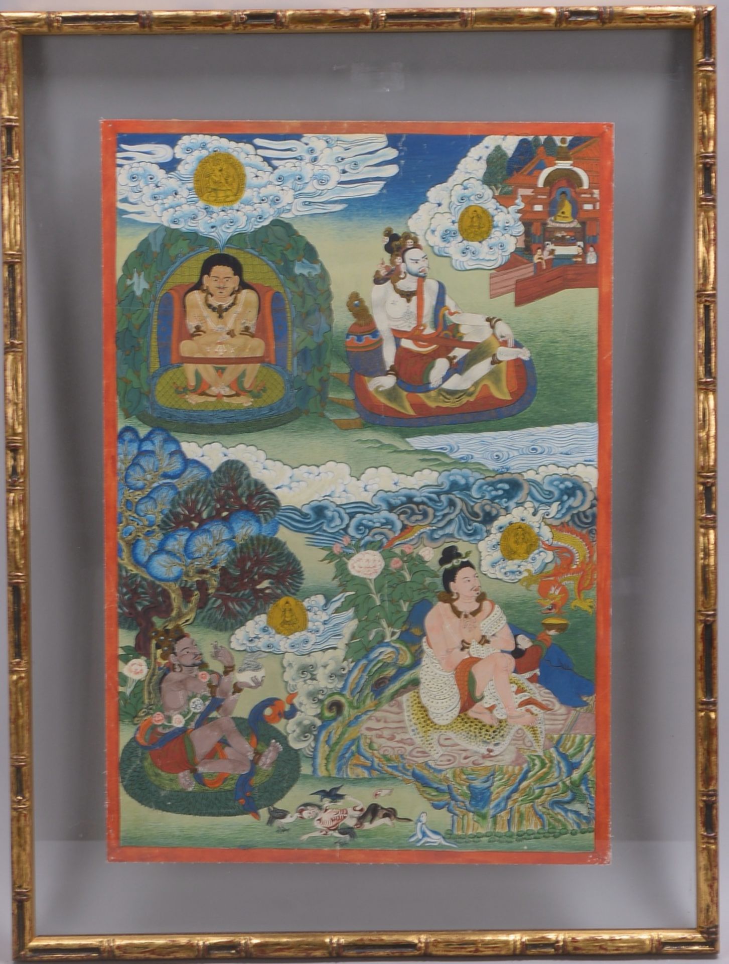 Thangka (Tibet), 'Buddhist. Darst. mit vier Meistern', Malerei/Lw; Bildmaße 56 x 38 cm