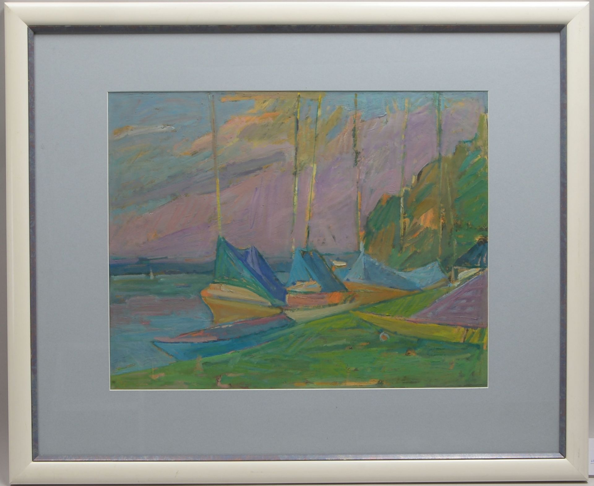 Gemälde, 'Segelboote am Starnberger See', Gouache auf Papier, unter PP hinter Glas