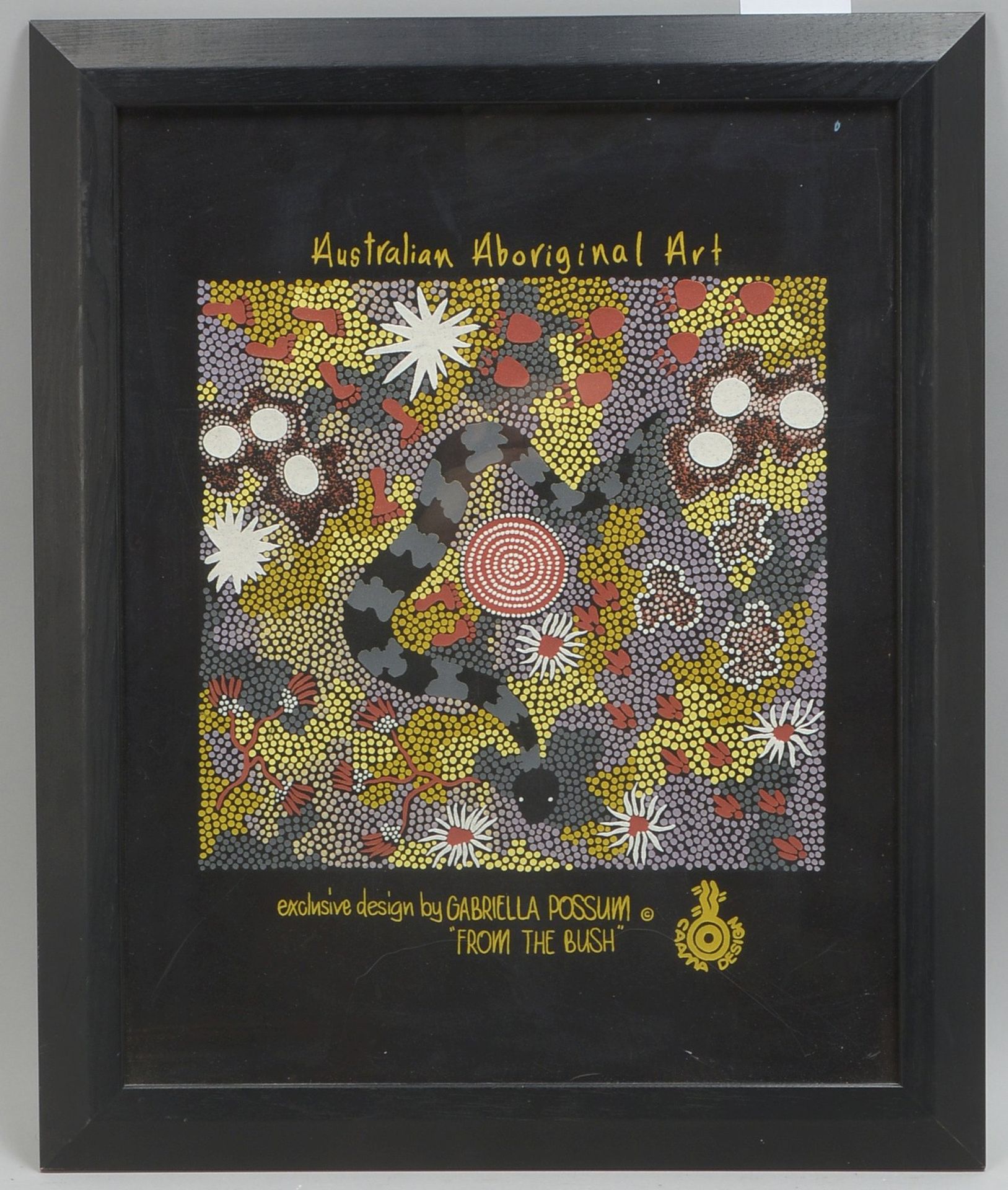Possum Nungurrayi, Gabriella, &#039;From the Bush&#039;, Farbsiebdruck auf Stoff, hinter Glas