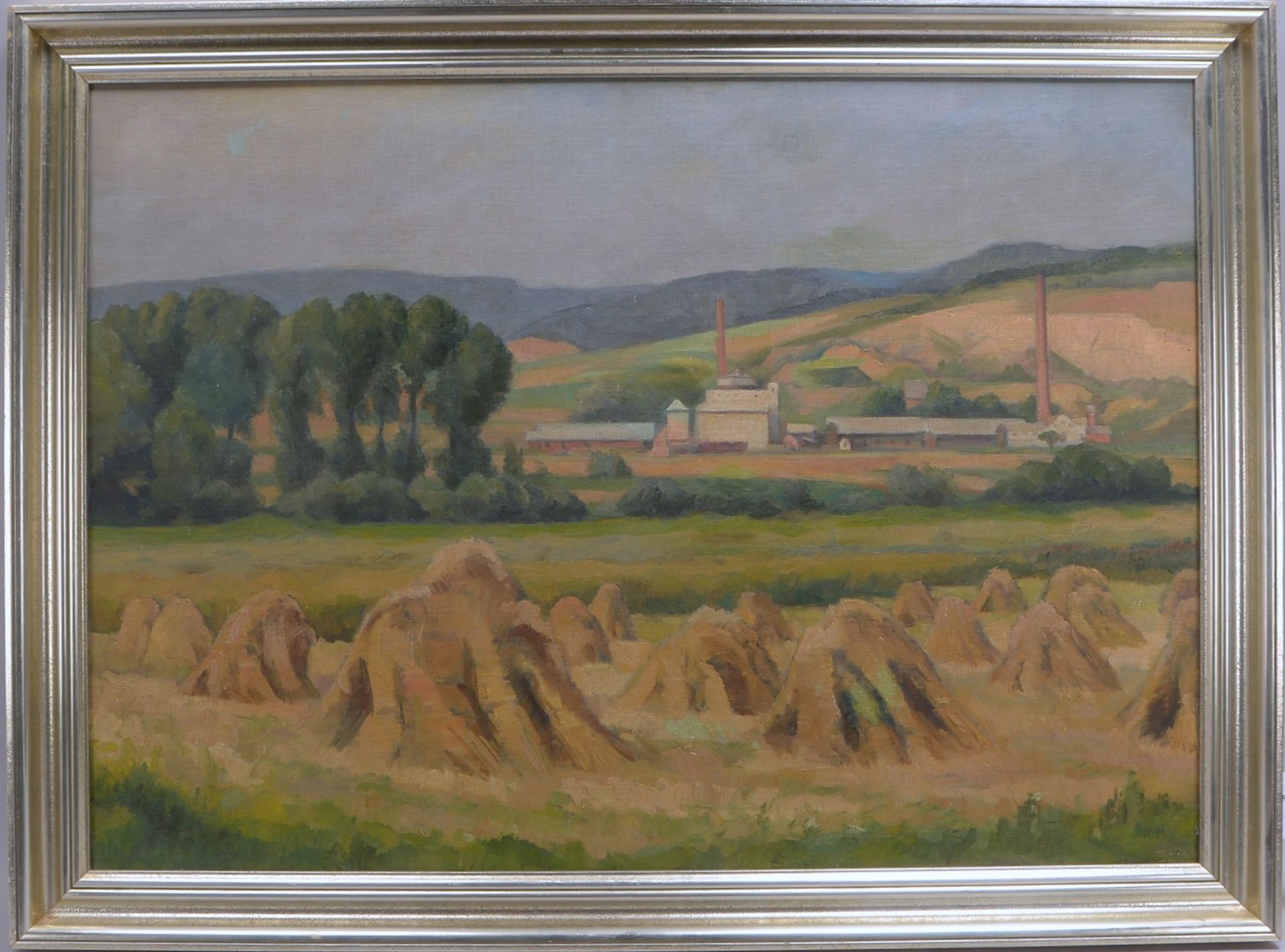 Gemälde, 'Kornhocken vor Farbrikanlage', Öl/Lw, unsign.; Bildmaße 65 x 92 cm