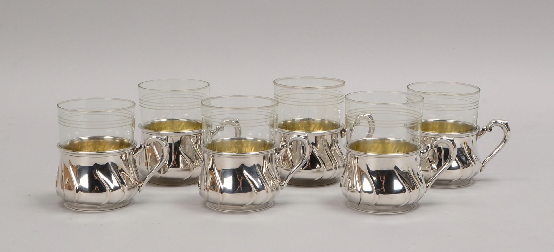 6 Teegläser, Jenaer Glas, 925 Sterlingsilber-Montierung, 6 Stück; Gew. Silber: 442 g