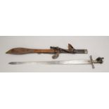 Tuareg-Schwert, lange Klinge/beidseitig 2-fach gekehlt, in Lederscheide; Länge 100 cm