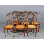 6 Stühle, Mahagoni, Holz mit reichem Schnitzwerk, mit Rattangeflecht