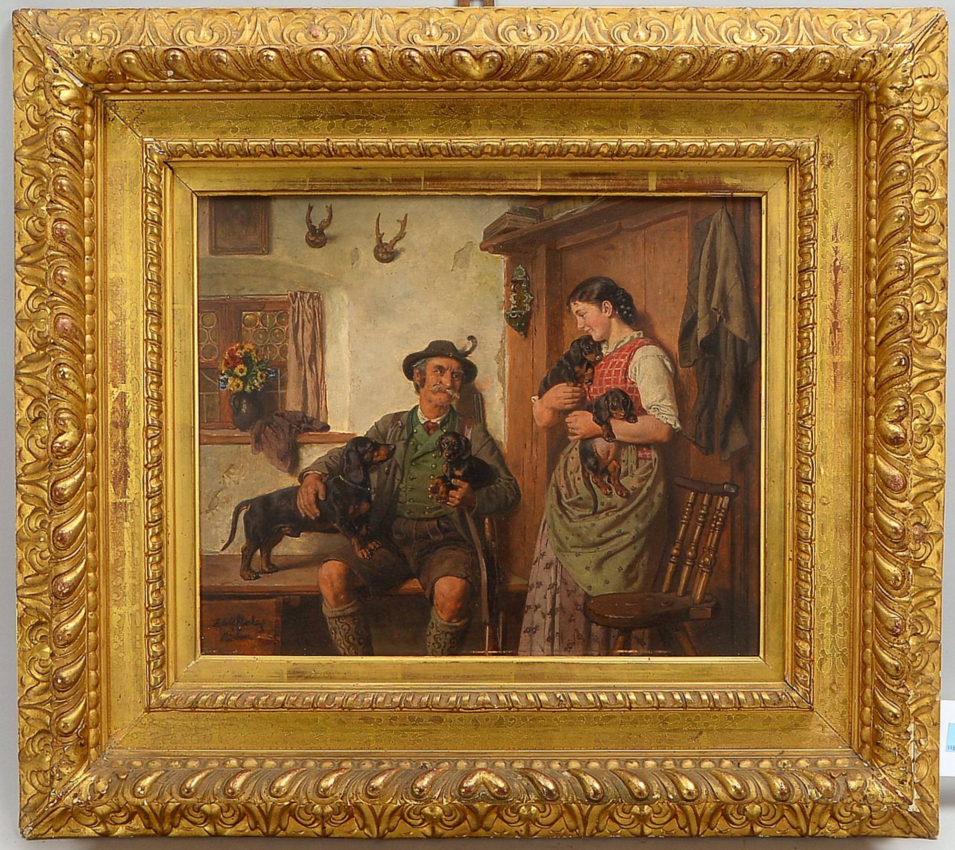 Eberle, Adolf (1843 - 1914, München), 'Dackelfamilie', Öl auf Holz, unten li. sign.