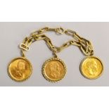 Armband, 585 GG (gest.), 3x Münzen: '1 Sovereign', '20 Francs', '8 Florin'; Gew. 37,50 g