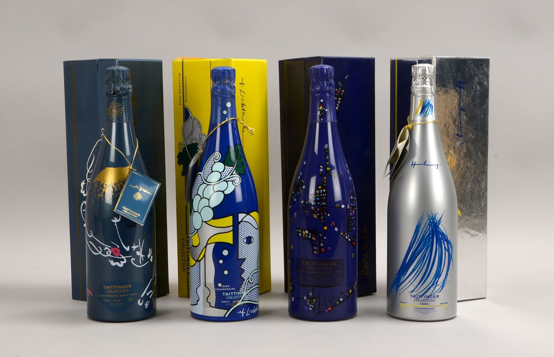 Sammler-Champagner: 4x Taittinger-Künstlerflaschen: Jg. 1982, 1983, 1985, und 1986