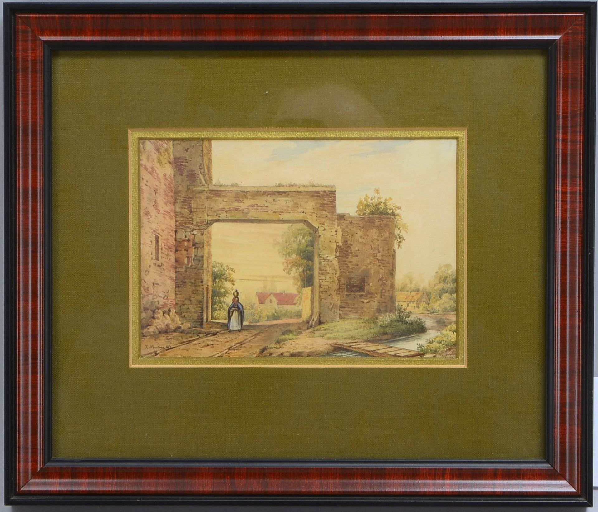 Newton, John, &#039;Romant. Landschaft und Stadttor&#039;, Aquarell, sign., unter PP hinter Glas