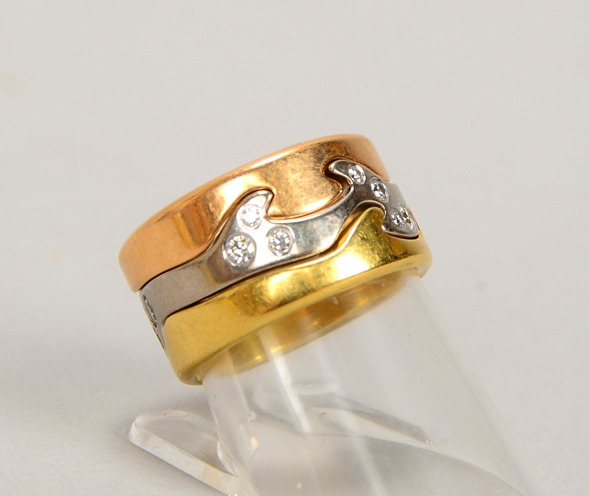 Georg Jensen, &#039;Fusion-Ring&#039;, 750 Gold/tricolor (gest.), 3x Ringe/mit kl. Brill.; Gew. 14,6